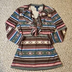 Chaps Denim Western Aztec Ruffle Mesh Lace Up Top 3/4 Sleeve Blouse Boho Size M